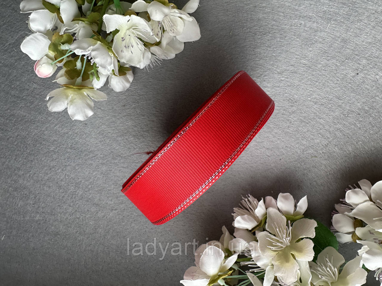 Стрічка репсова з люрексом 2,5 см, 25 ярд оптом червоного (poppy red) кольору