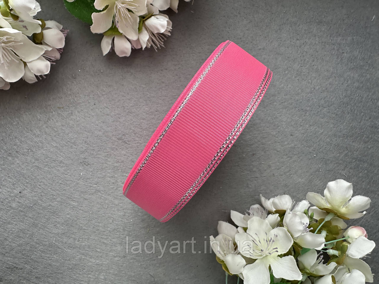 Стрічка репсова з люрексом 2,5 см, 25 ярд рожевого (hot pink) кольору