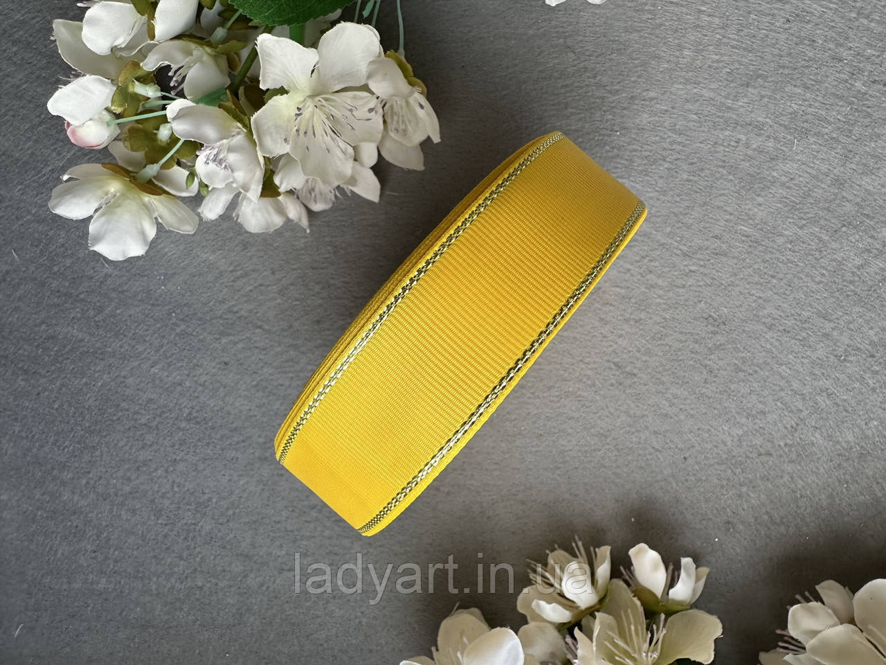 Стрічка репсова з люрексом 2,5 см, 25 ярд жовтого (daffodil) кольору