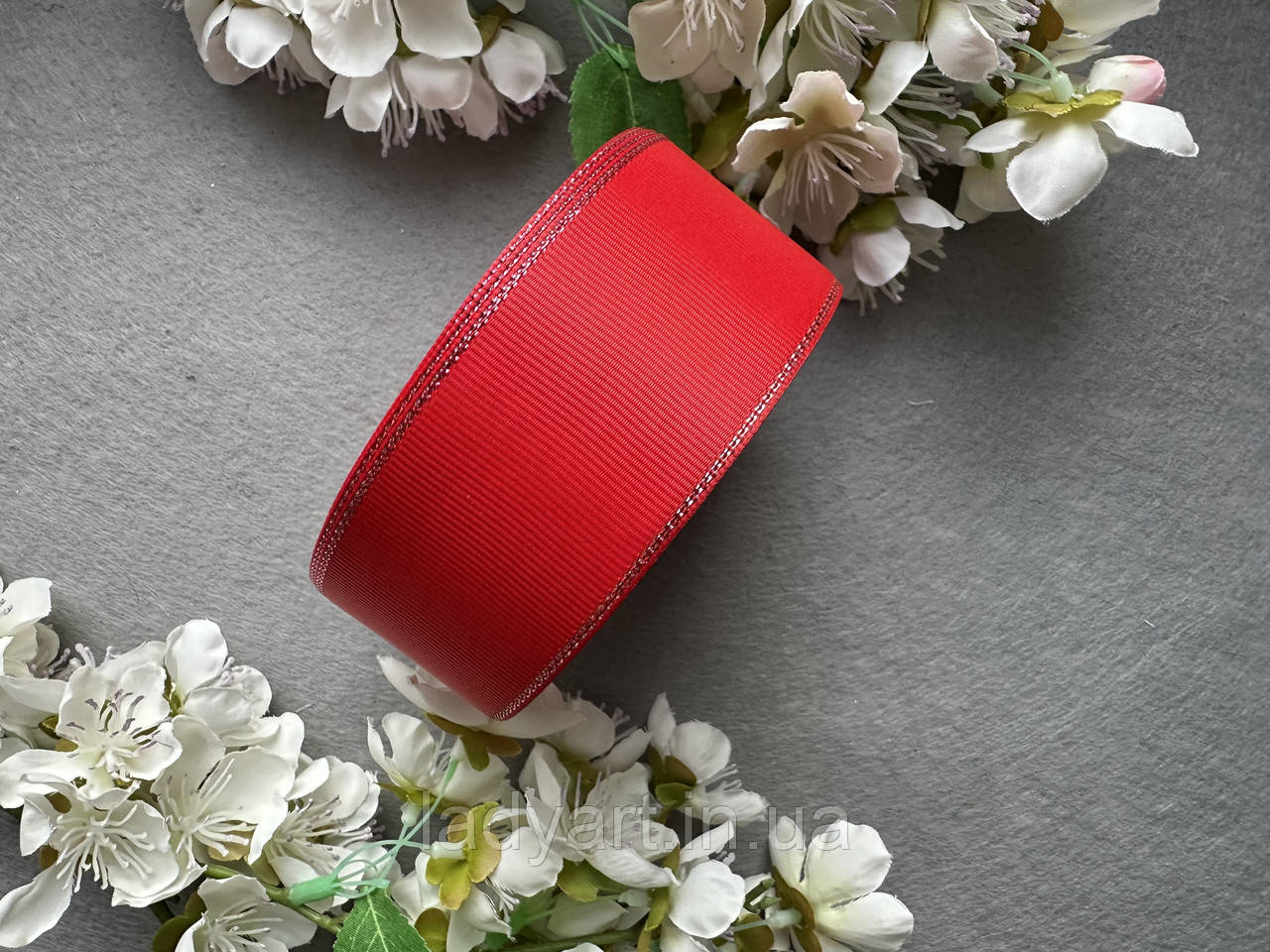 Стрічка репсова з люрексом 4 см, 25 ярд червоного (poppy red) кольору