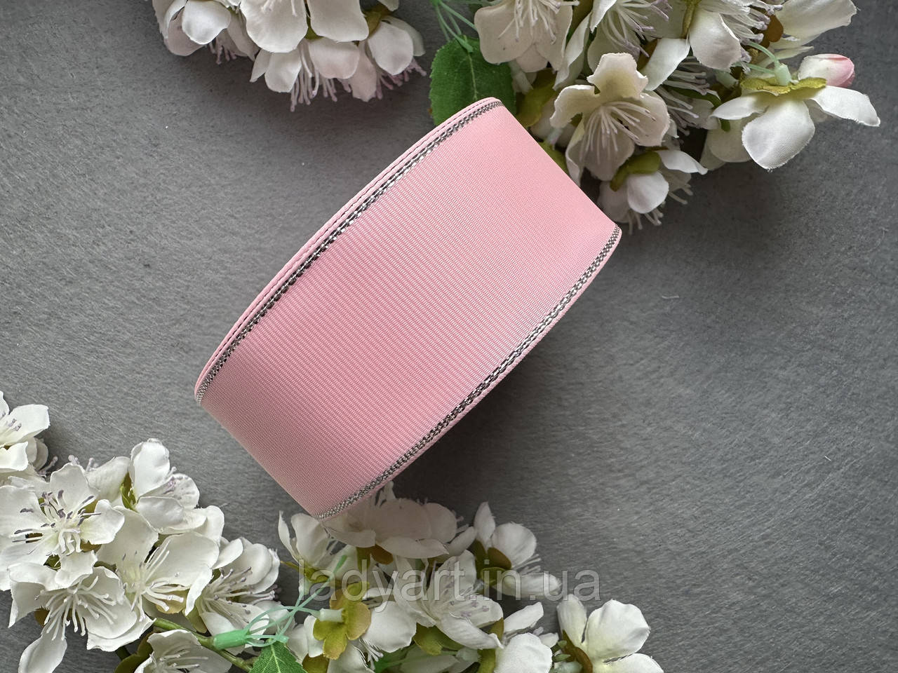 Стрічка репсова з люрексом 4 см, 25 ярд ніжно-рожевого (pearl pink) кольору
