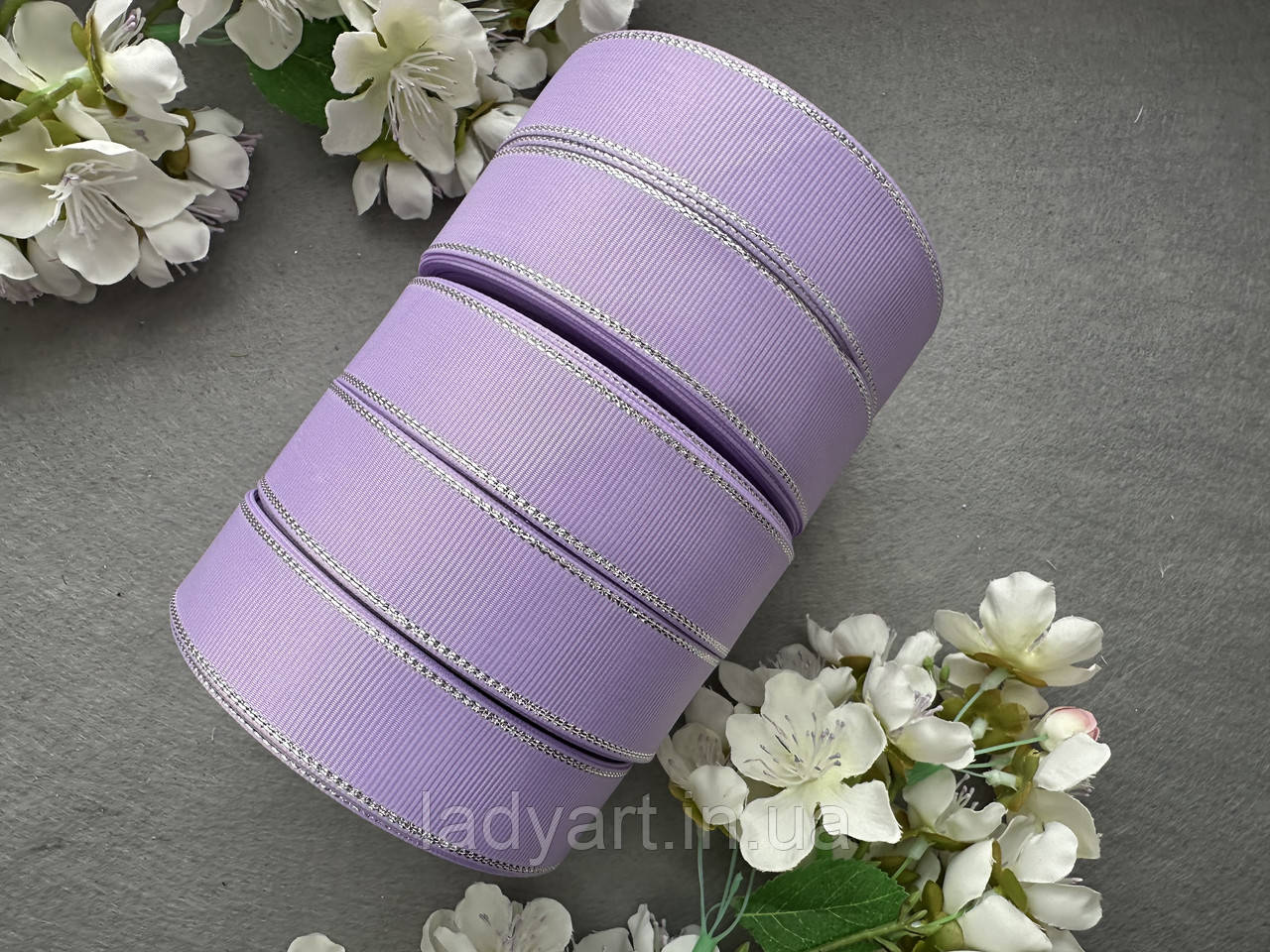 Стрічка репсова з люрексом 2,5 см, 25 ярд оптом 5 рулонів бузкового (lite orchid) кольору блоком, фото 1