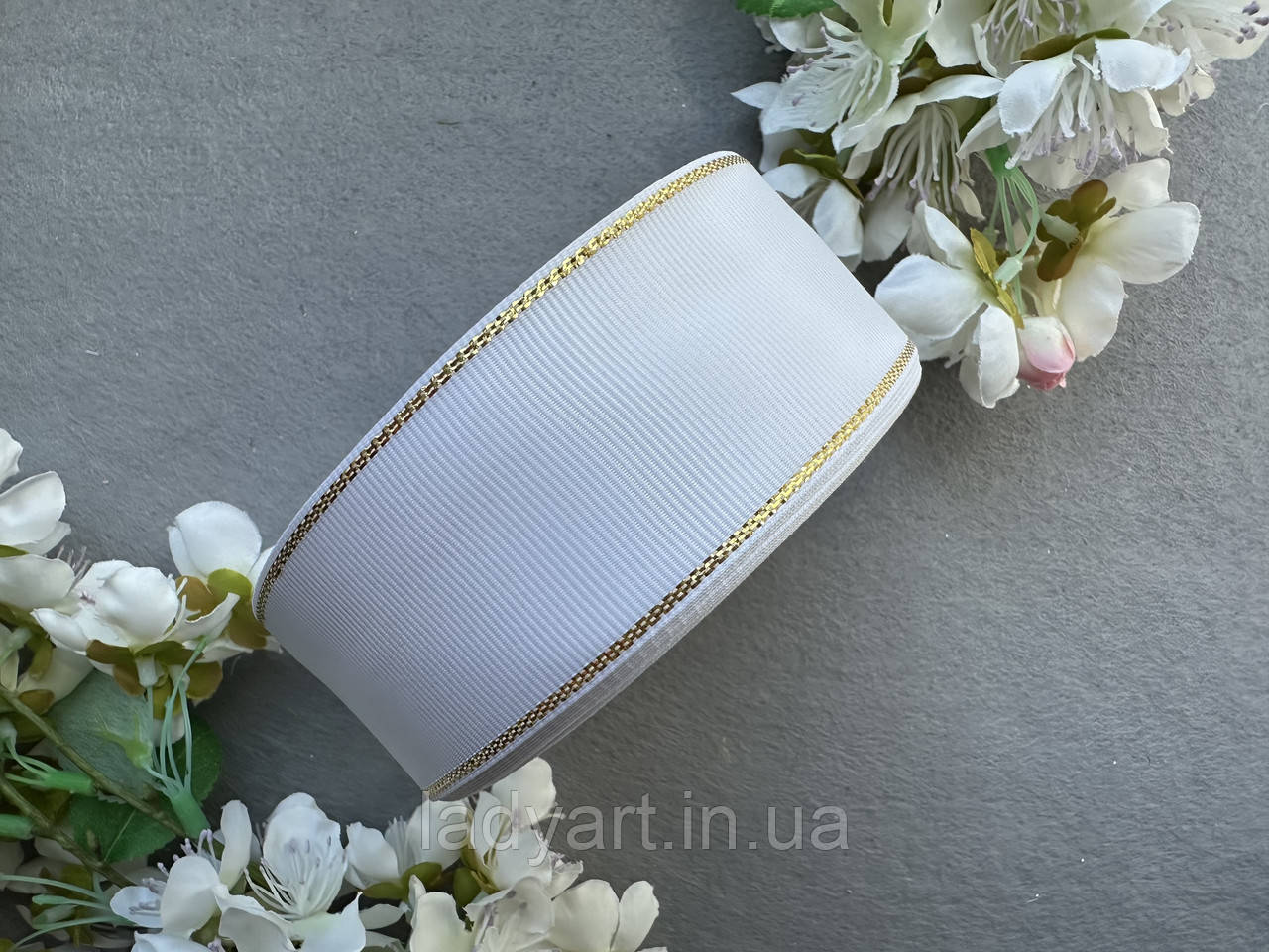 Стрічка репсова з люрексом золото 4 см, 25 ярд білого кольору блоком, фото 1