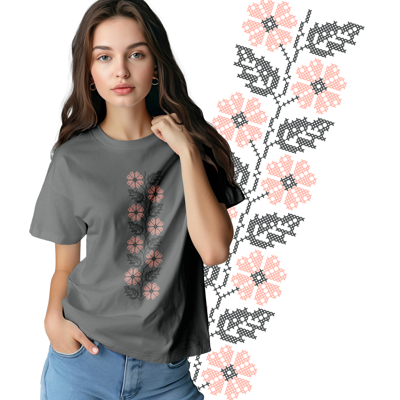 Футболка жіноча унісекс Stedman з принтом ВИШИВКА ГІЛКА КВІТІВ рожева XS сіра, фото 1