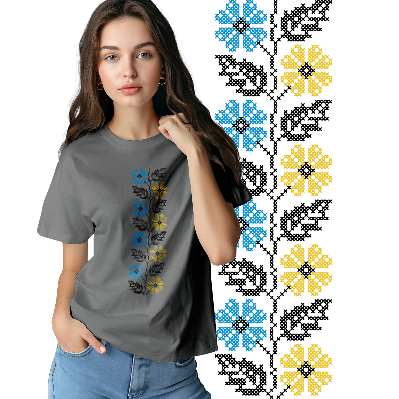 Футболка жіноча унісекс Stedman з принтом ВИШИВКА ГІЛКА КВІТІВ ЖОВТО-СИНЯ сіра, фото 1