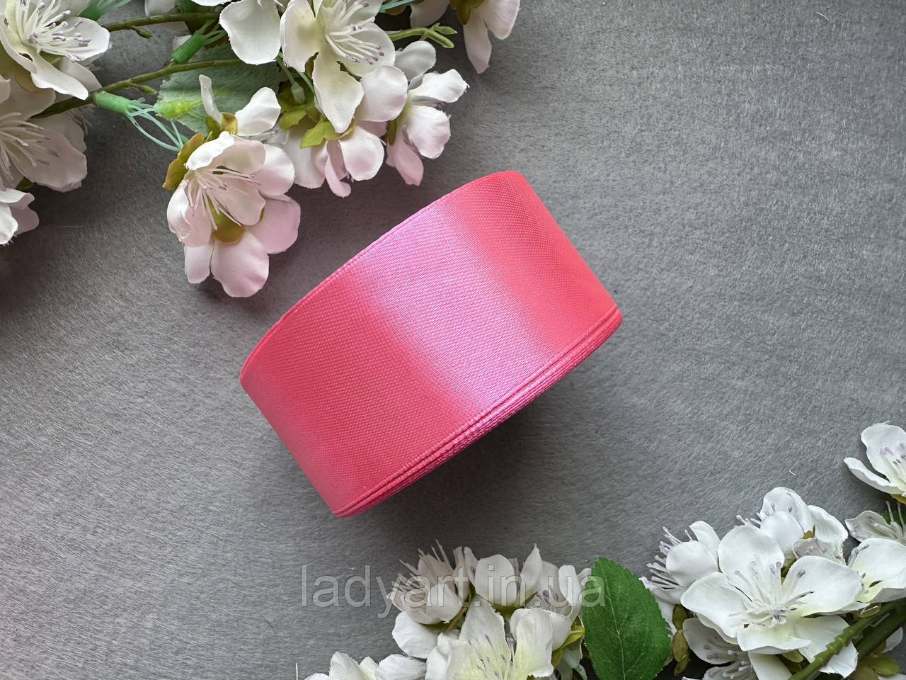 Стрічка атласна 4 см, 25 (23 м) ярд, розового кольору, фото 1