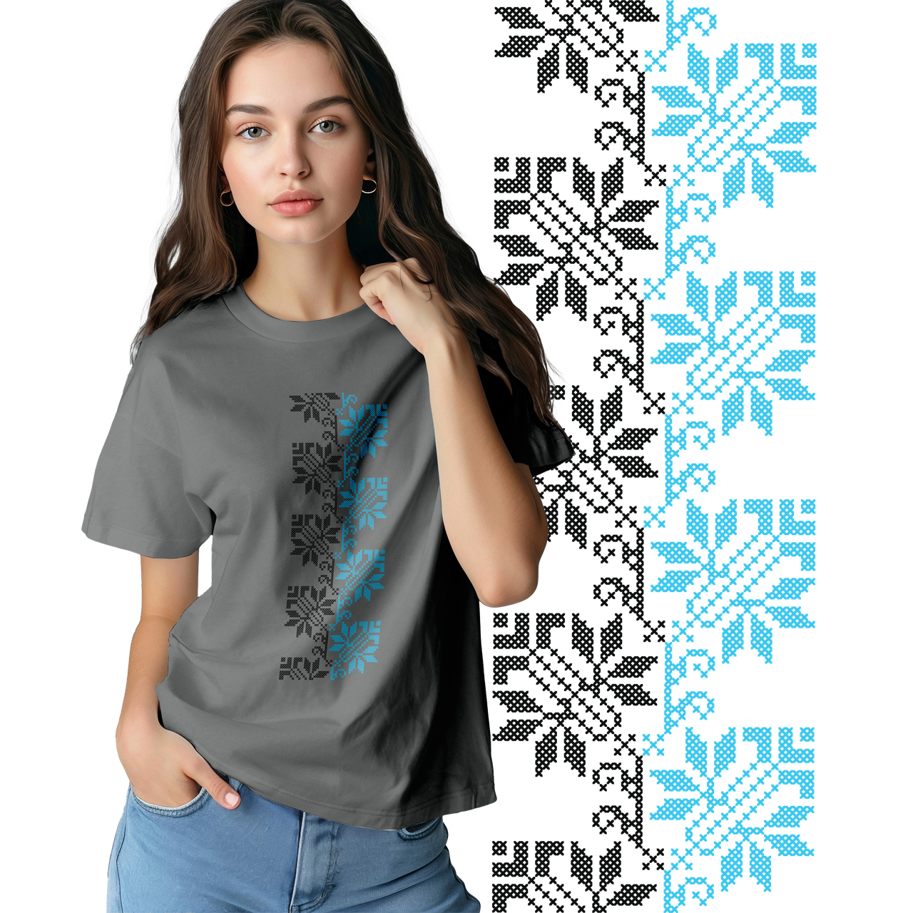 Футболка жіноча унісекс Stedman з принтом ВИШИВКА ОРНАМЕНТ ПОЛОСКА ЧОРНО-СИНЯ XS сіра, фото 1