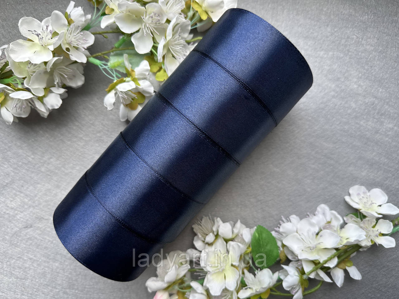 Стрічка атласна 4 см, 25 (23 м) ярд блок 5 рулонів, темно-синього кольору, фото 1