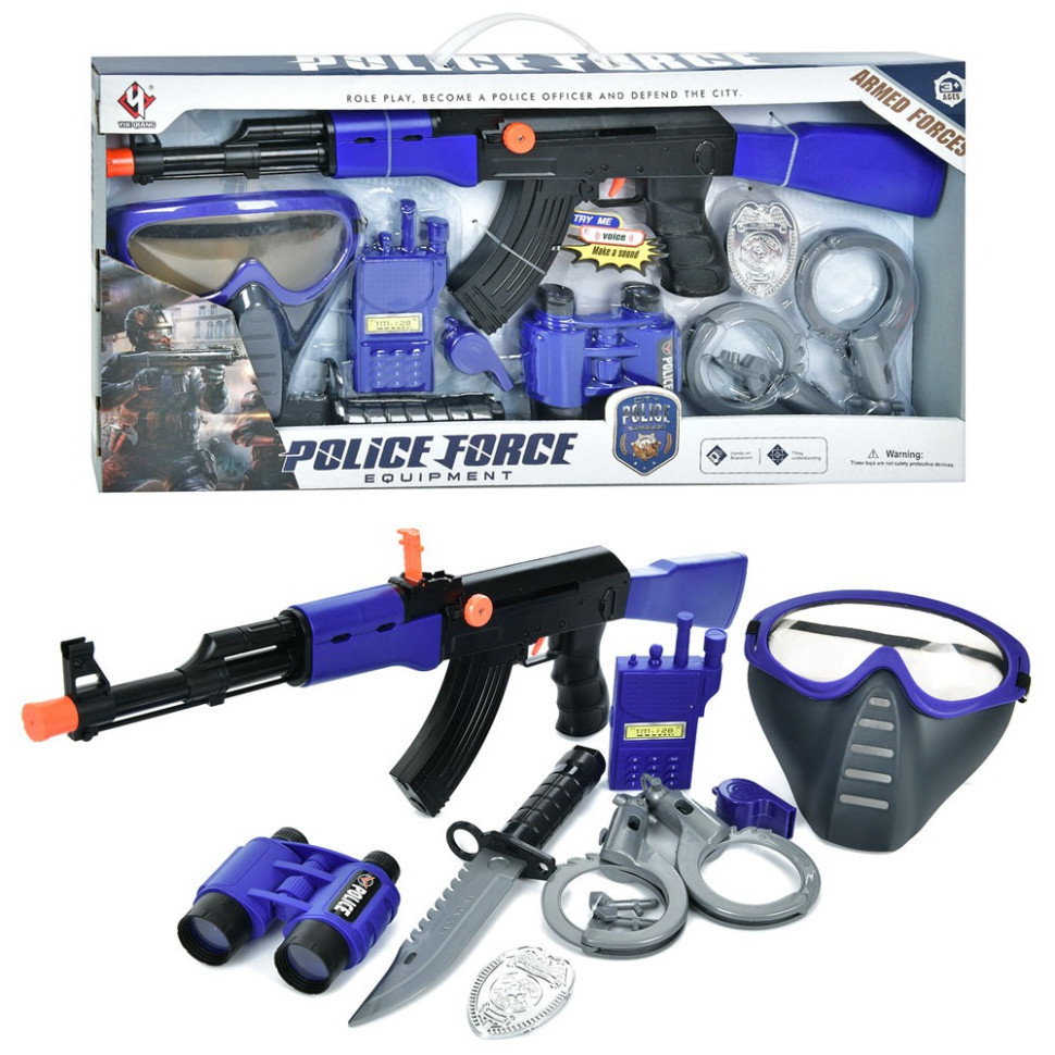 Дитячий набір поліцейського Bambi P016C, автомат, тріскачка, маска, рація, ніж, Toyman, фото 1