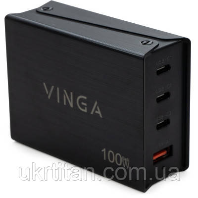 Оригінал! Зарядний пристрій Vinga GaN 100W PD+QC 3C1A ports 1.2m Wired Charger (VCPCH100CB) - Вища Якість!, фото 1