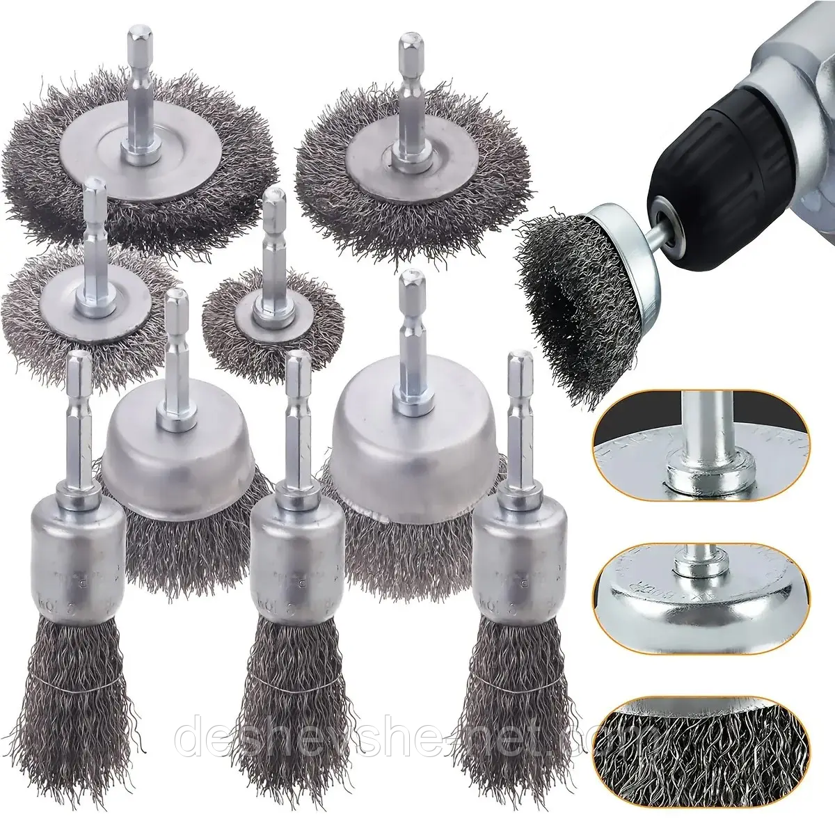 Набір дротяних щіток (корочення/корцовки) на шурупокрут і дриль для зачищення (9 шт.)