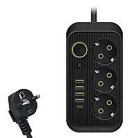 Мережевий фільтр F09U на 3 розетки + 4 USB + Type C 2500 Вт кабель на 2 м Black