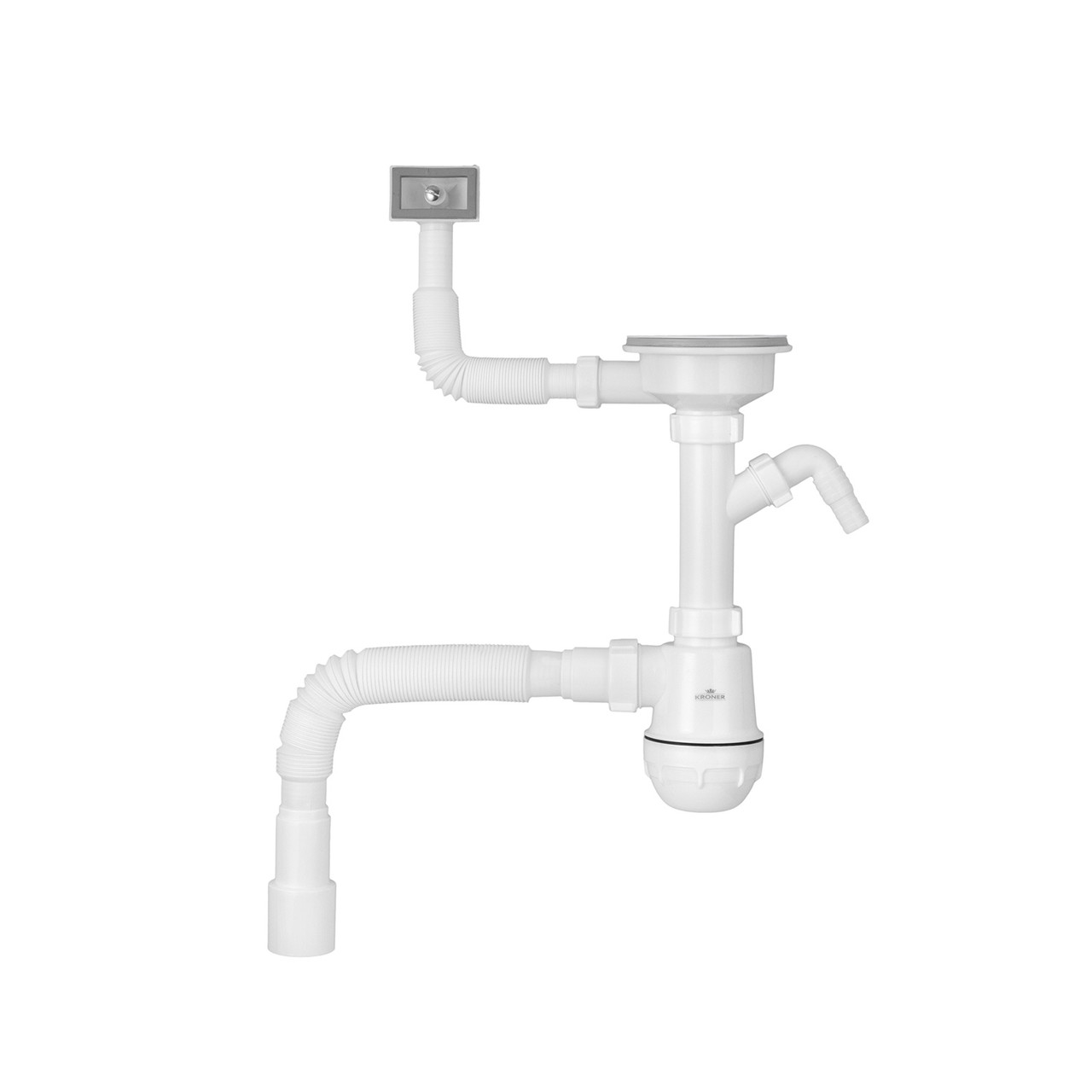 Сифон для кухонної мийки Kroner KRP KS02-1WHI 3 1/2"х40/50 мм із відведенням для пральної машини, з квадратним