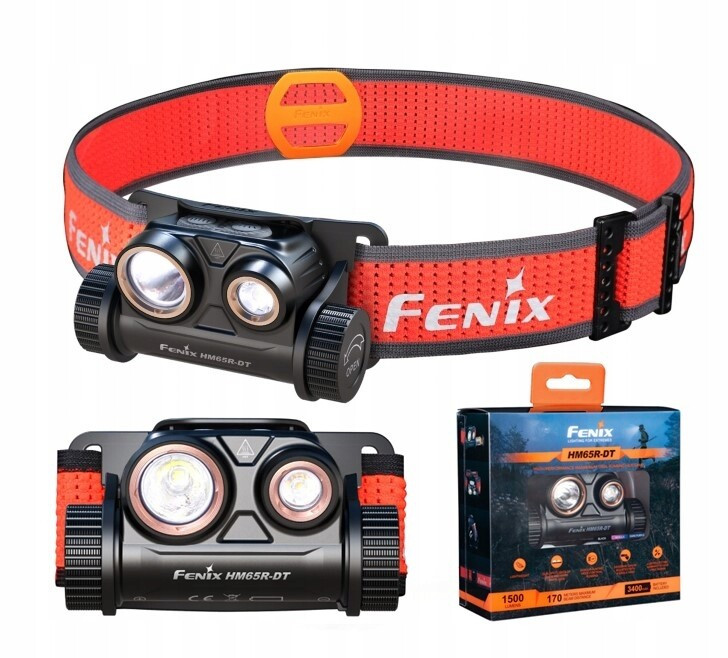 Налобний ліхтар FENIX HM65R-DT (1300LM, Luminus SST40+SST20, 6500К+3000К, 3400mAh 18650, IP68, USB-C), Чорний