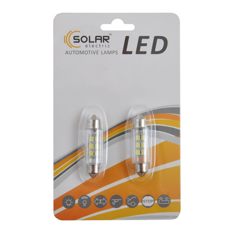 Автолампи світлодіодні Solar LED 12 V SV85 T11x39mm 6SMD 3528 white 2шт (LS276_b2), фото 1
