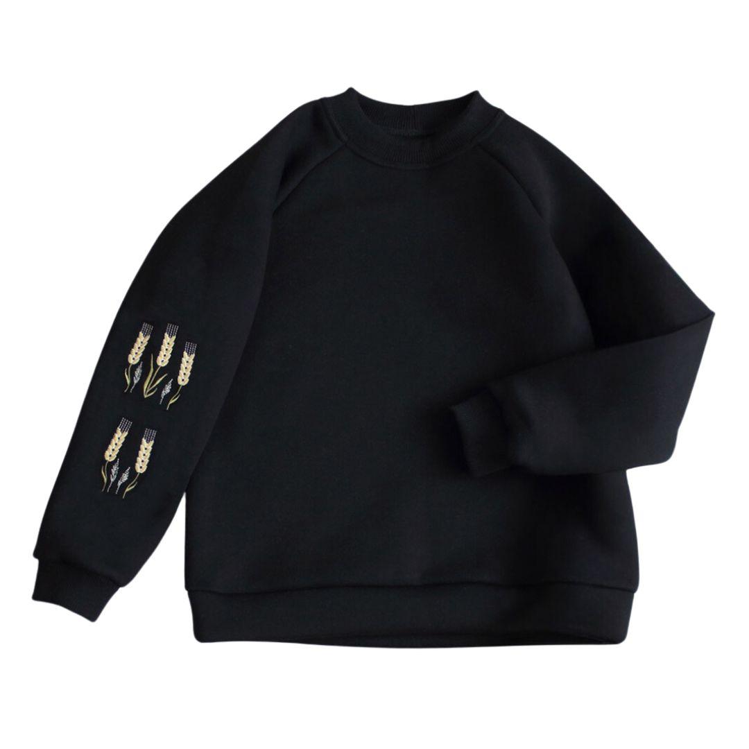 Жіночий чорний світшот з вишитими колосками на рукаві, фото 1