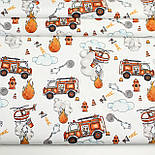 Лоскуток. Ранфорс завширшки 240 см "Пожежні машини" теракотового кольору на білому тлі No 3233, 44*240 см, фото 2