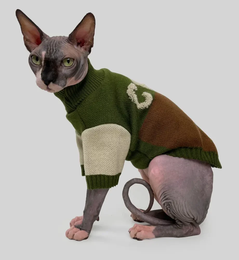 Светр в'язаний 36 см (об'єм до 42см) розмір 4 коричневий хакі для котів S, фото 1