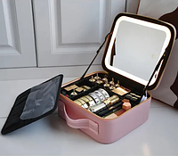 Багатофункціональна дорожня косметичка органайзер для косметики з дзеркалом та підсвічуванням рожева PGP