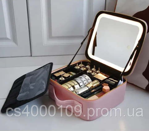 Багатофункціональна дорожня косметичка органайзер для косметики з дзеркалом та підсвічуванням рожева PGP - фото 1 - id-p2319109505