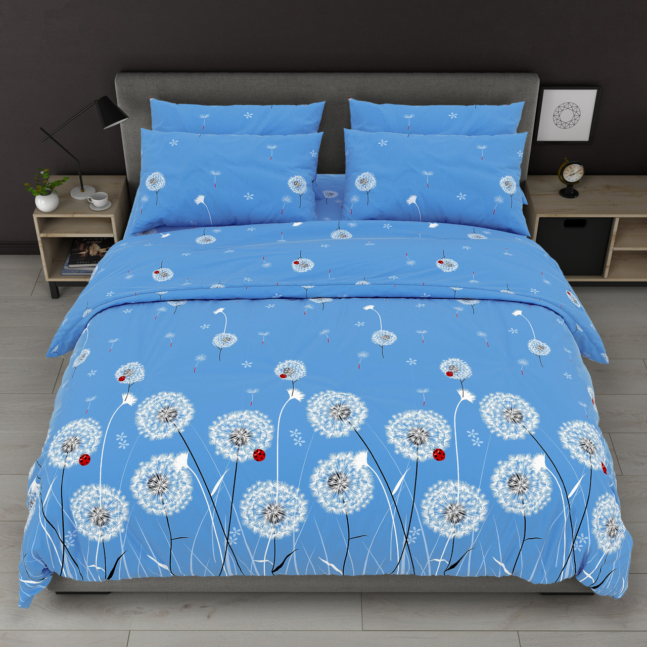 Простирадло 150х220 (Бязь) | Полуторне простирадло від виробника "Королева Ночі" | Кульбаби на блакитному, фото 1