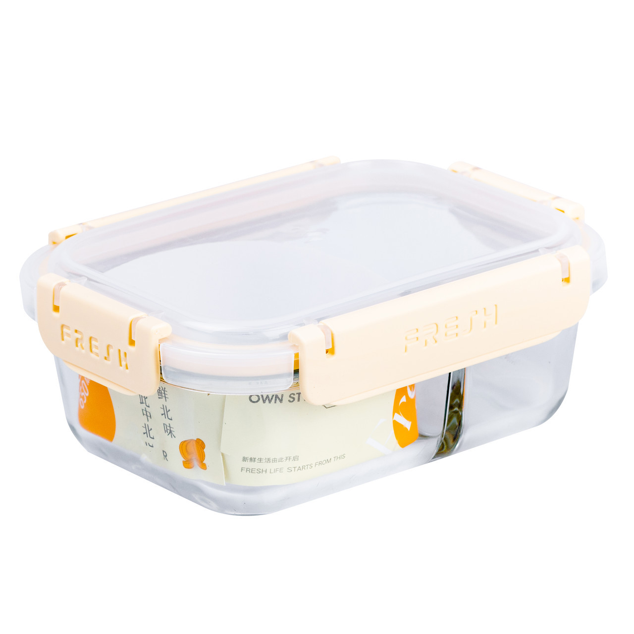 Контейнер для їжі скляний прямокутний 2 відділення на 650 (мл) герметичний ланч бокс Бежевий - фото 1 - id-p2319213066