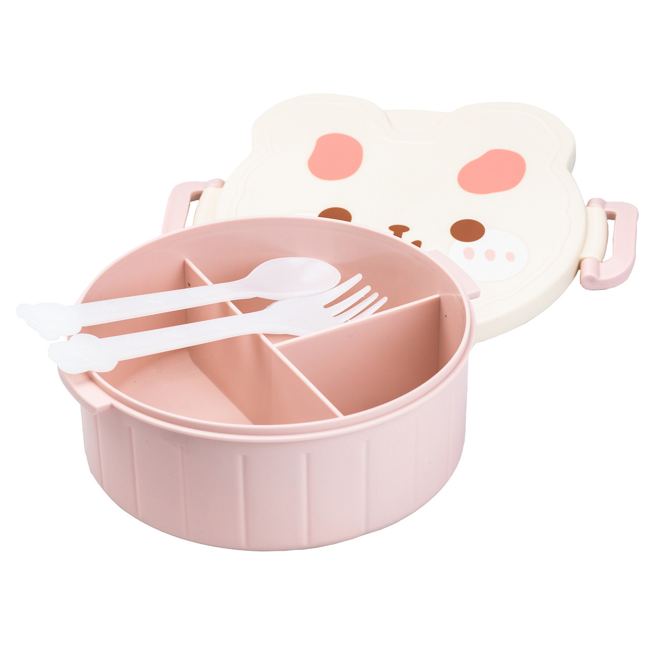 Дитячий ланч бокс на три секції 950 мл пластиковий з вилкою та ложкою "Ведмедик" Рожевий HP12270, фото 1