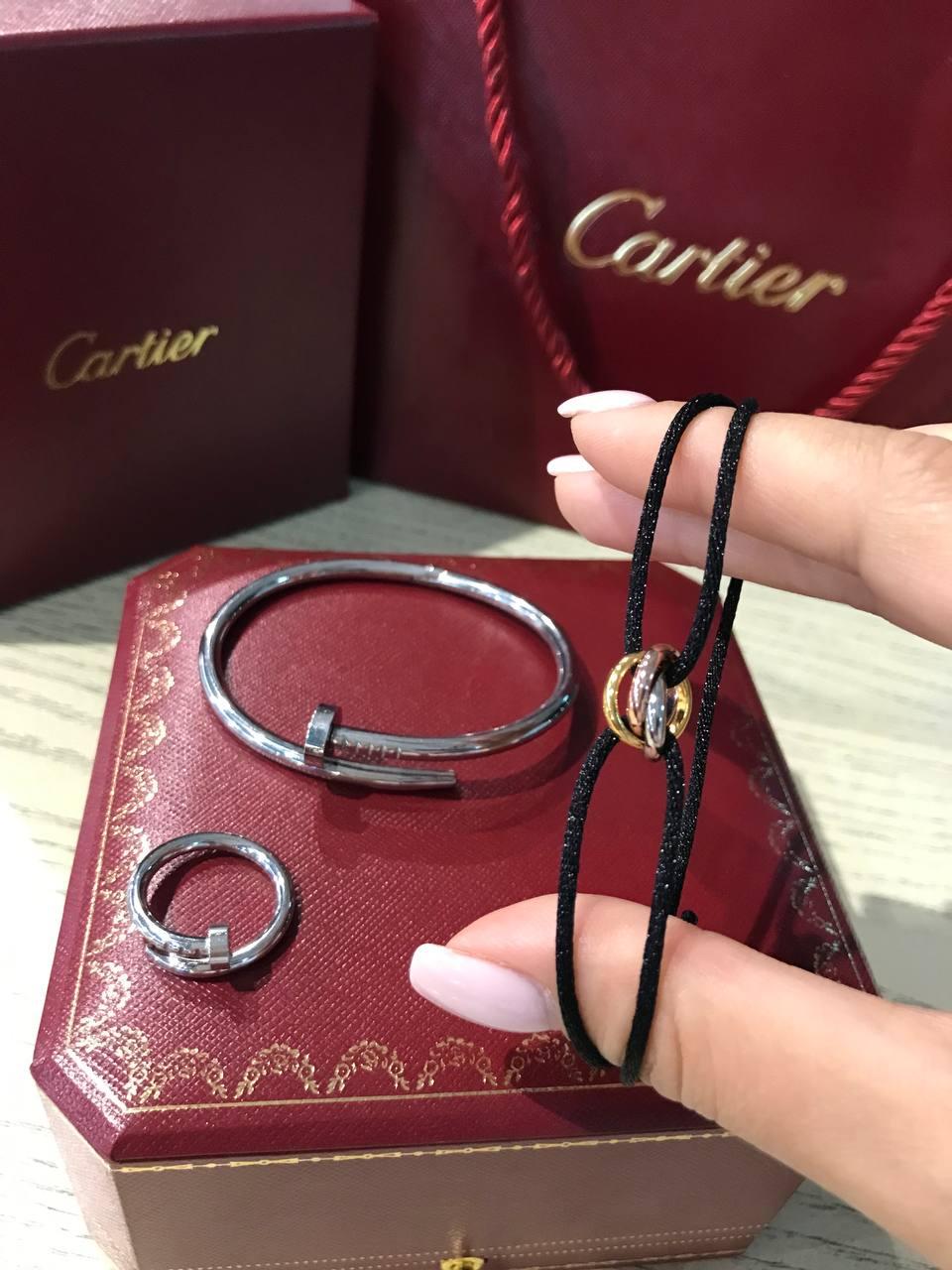 Cartier набір: Браслет цвях біле золото, чорна нитка та кільце / Cartier браслет цвях