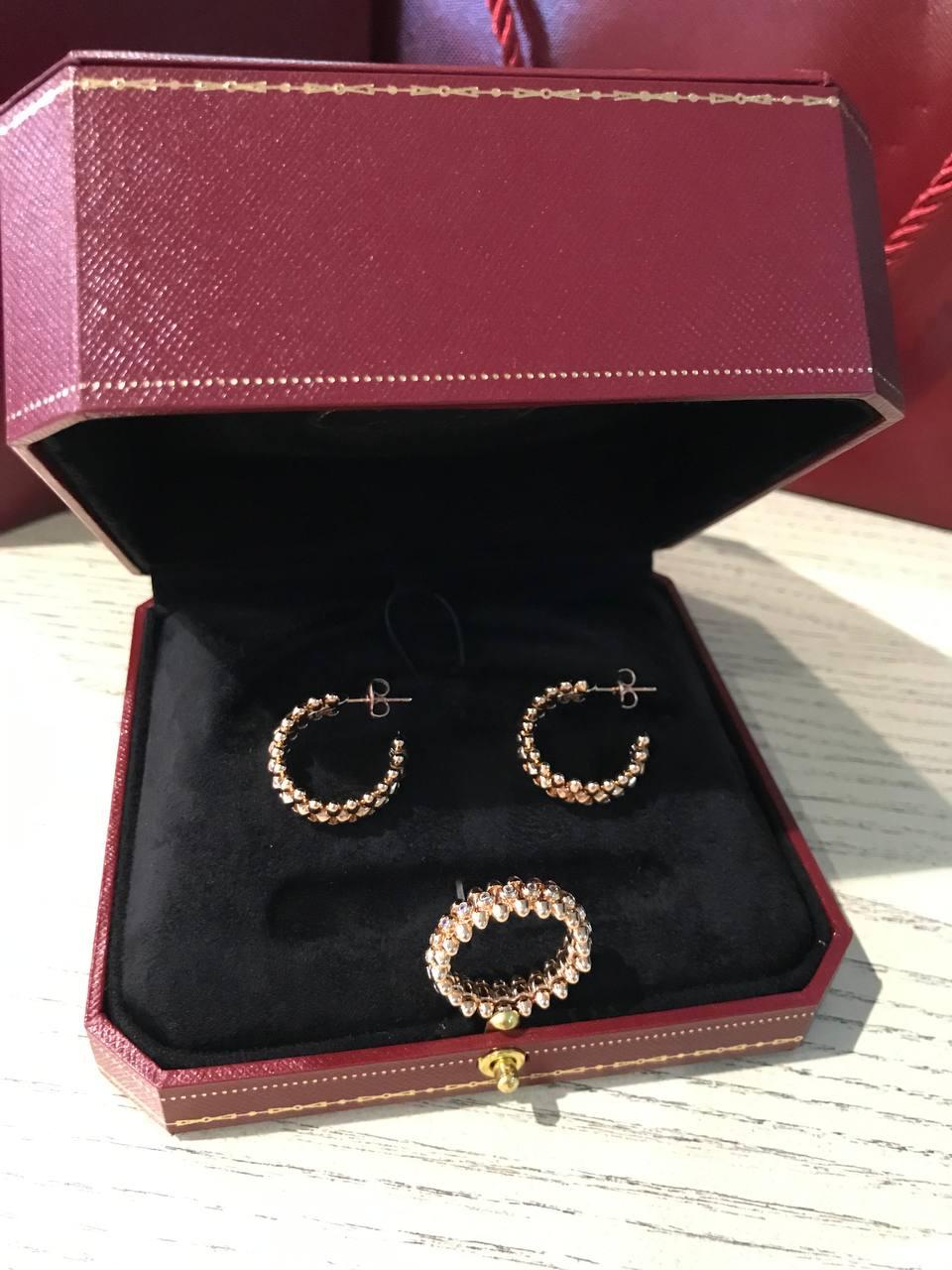 Cartier набір: сережки та кільце в рожевому золоті / Cartier кільце зубчики та сережки зубчики