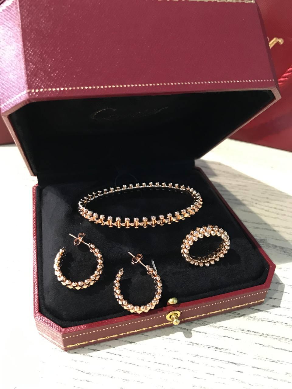 Cartier набір: браслет, сережки та кільце в рожевому золоті / Cartier браслет зубчики, кільце та сережки
