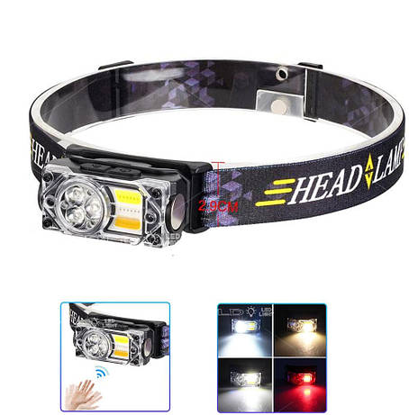 Ліхтар налобний YY-19B-3SMD+2COB(white+yellow+red), Motion Sensor, Li-Ion акумулятор, ЗУ Type-C, магніт, фото 1