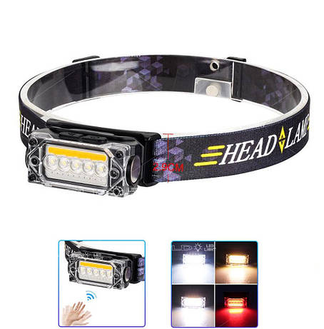 Ліхтар налобний YY-19С-5SMD+COB(white+yellow+red), Motion Sensor, Li-Ion акумулятор, ЗУ Type-C, магніт, фото 1