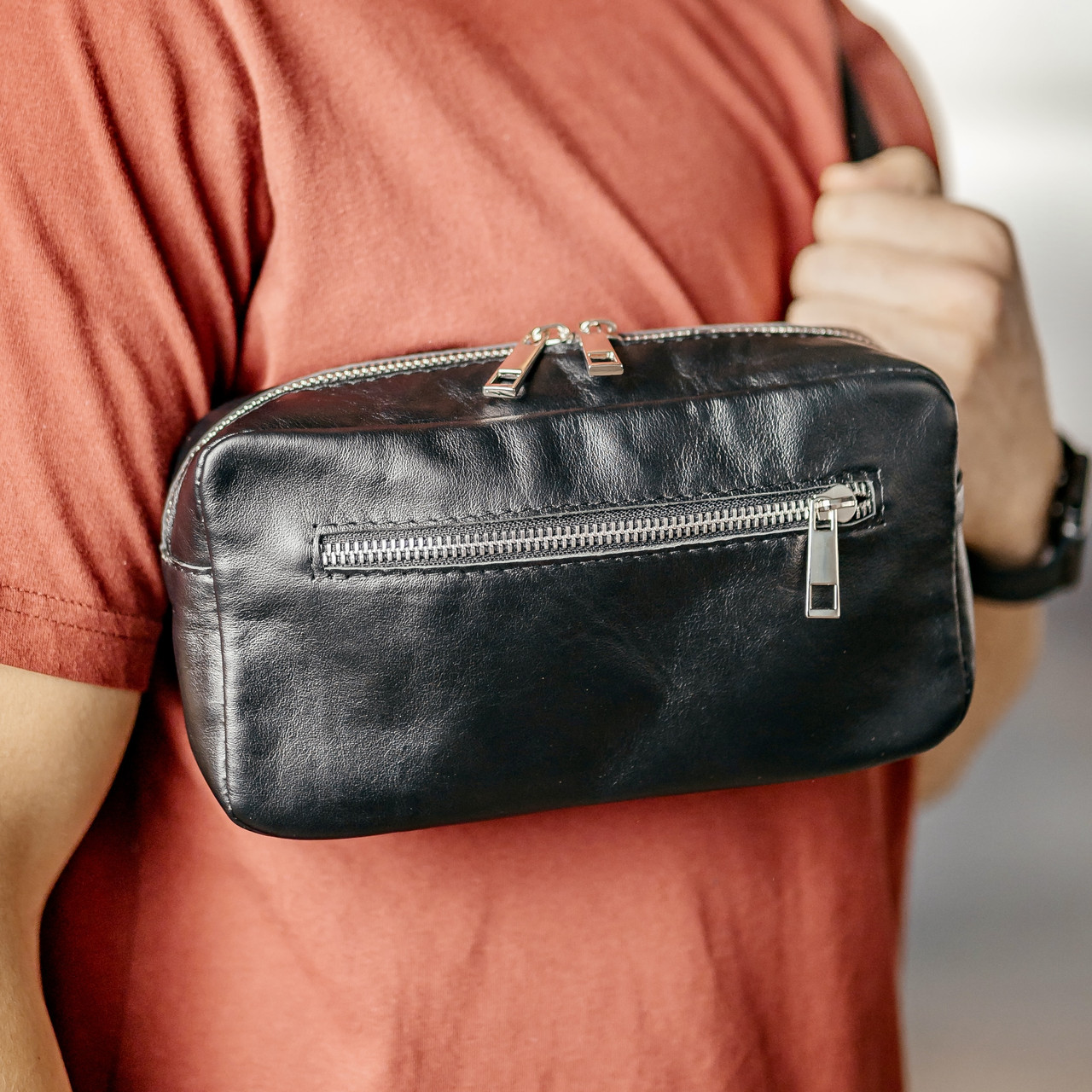 Чоловіча містка шкіряна чорна сумка, велика бананка через плече, стильні нагрудні/поясні сумки для чоловіків з натуральної шкіри