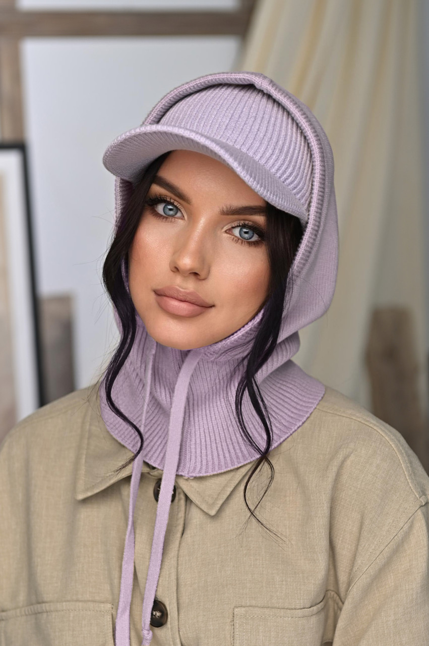 В'язаний капор і пов'язка з козирком, колір ліловий
