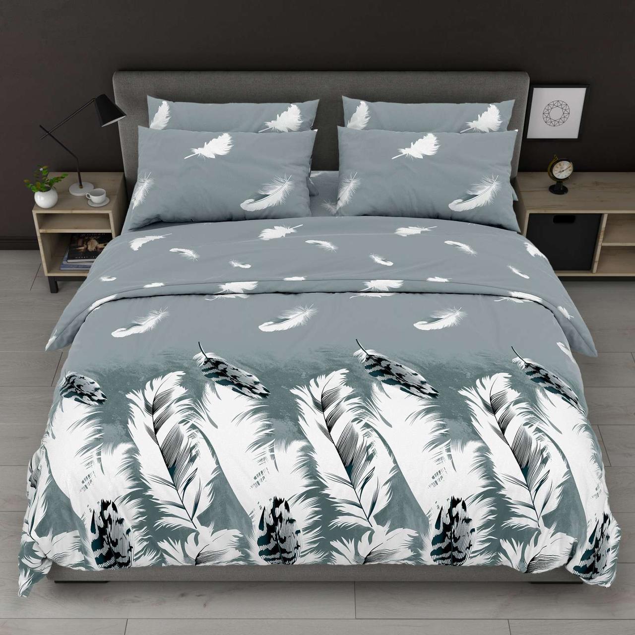 Простирадло 150х220 (Бязь) | Полуторне простирадло від виробника "Королева Ночі" | Пір'я на сіро-бірюзовому, фото 1