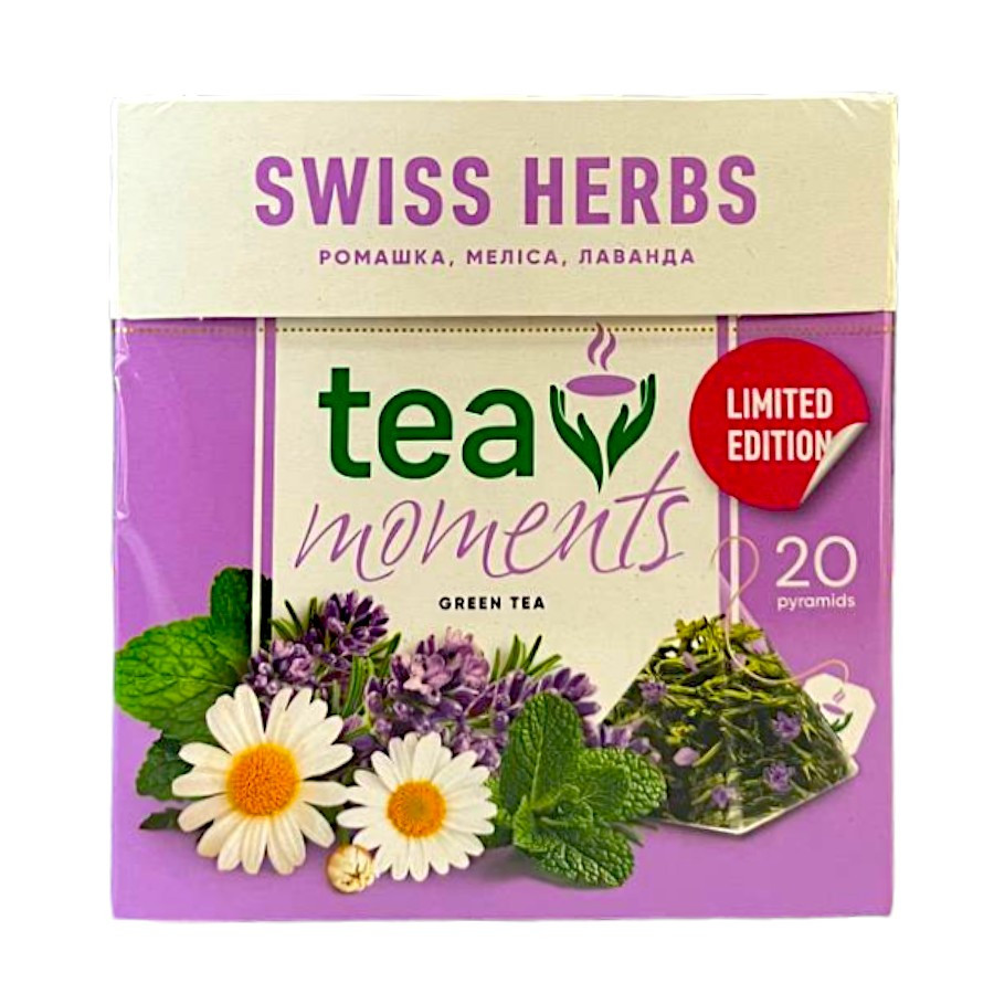 Зелений чай Curtis в новому дизайні Tea Moments Swiss Herbs з ромашкою, мелісою, лавандою в пірамідках 20 шт.