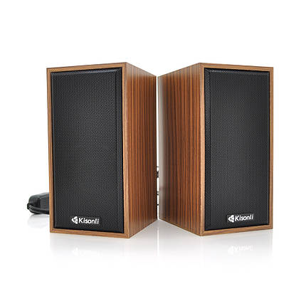 Колонки 2.0 Kisonli T-002A для ПК і ноутбука, USB + 3.5mm, 2x3W, 20Hz- 20KHz, Brown, BOX, Q30, фото 1