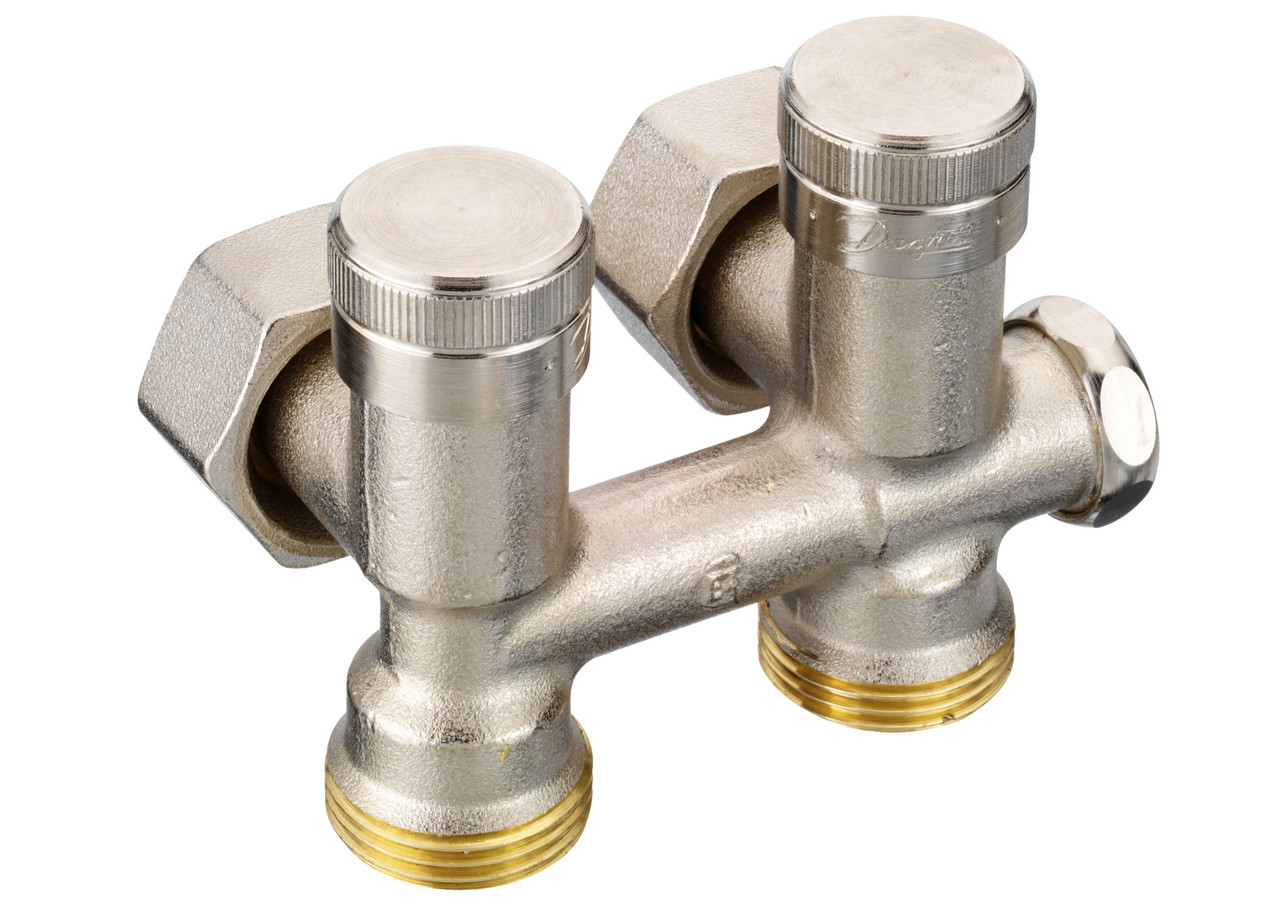 Клапан радіаторний кутовий Danfoss RLV-K 1/2"х3/4" для нижнього підключення (з дренажем) 003L0282, фото 1