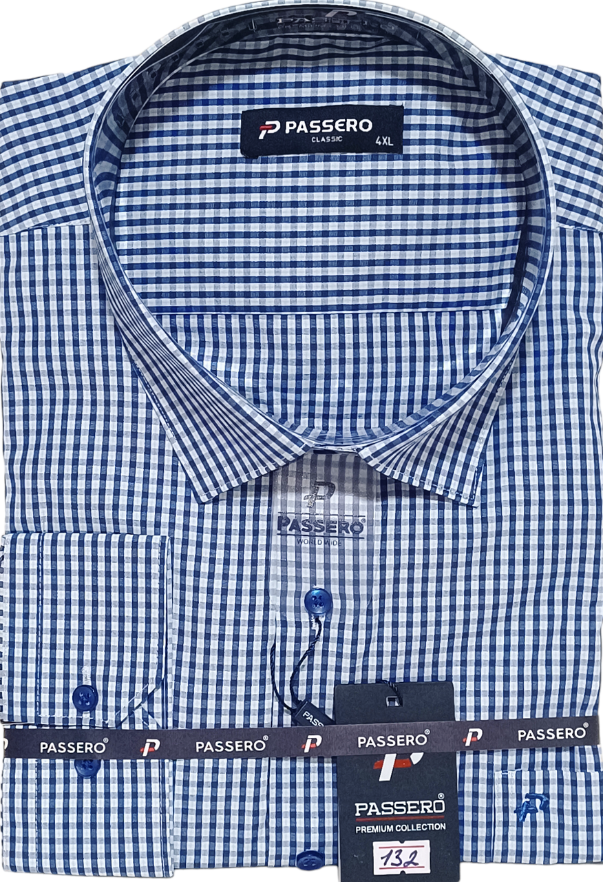 Батальна чоловіча сорочка ошатна Passero vd-0132 синя класична сорочка в клітинку з довгим рукавом 4XL