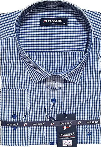 Батальна чоловіча сорочка ошатна Passero vd-0132 синя класична сорочка в клітинку з довгим рукавом 4XL, фото 1