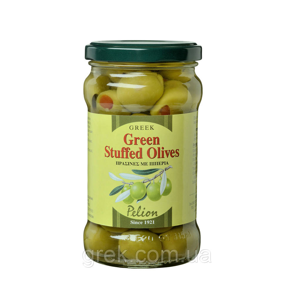 Оливки зелені, фаршировані червоним перцем Pelion, Greek Green Stuffed Olives 200 г, фото 1