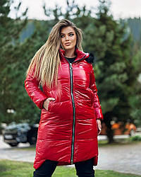 Червоне тепле пальто жіноче зимове батальне стьобане з плащової тканини Mancler з капюшоном зі знімним коміром