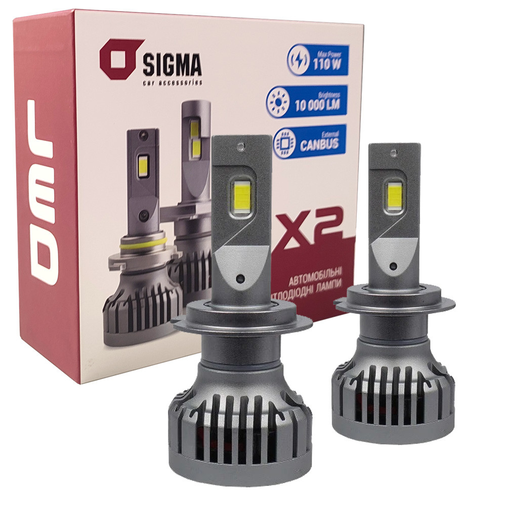 Лампа світлодіодна для фар SIGMA X2 LED H7 6000K 10000LM 2 шт комплект, фото 1