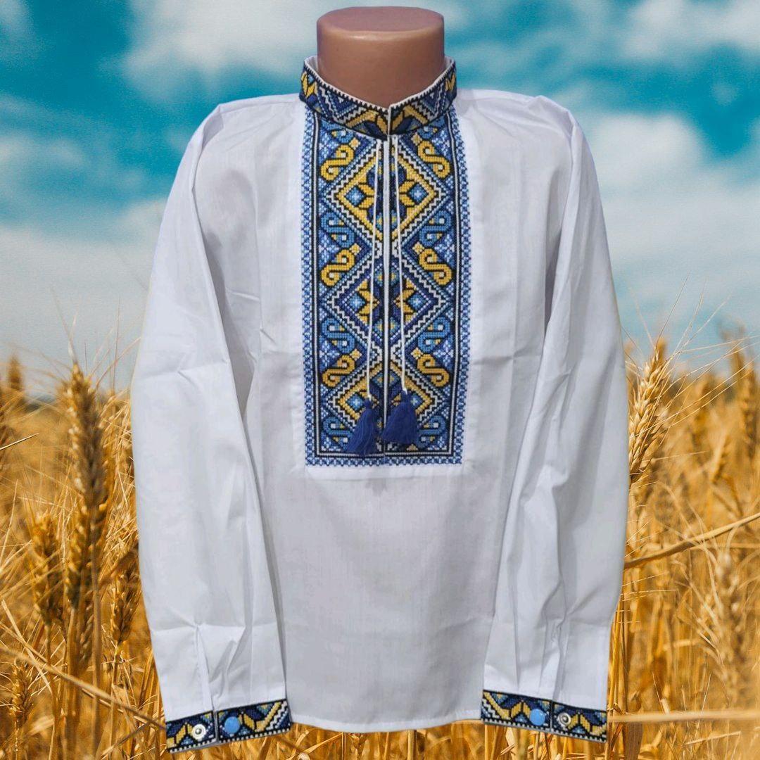 Опт Вишиванка для хлопчиків з орнаментом р. 6-12, жовто-голуба