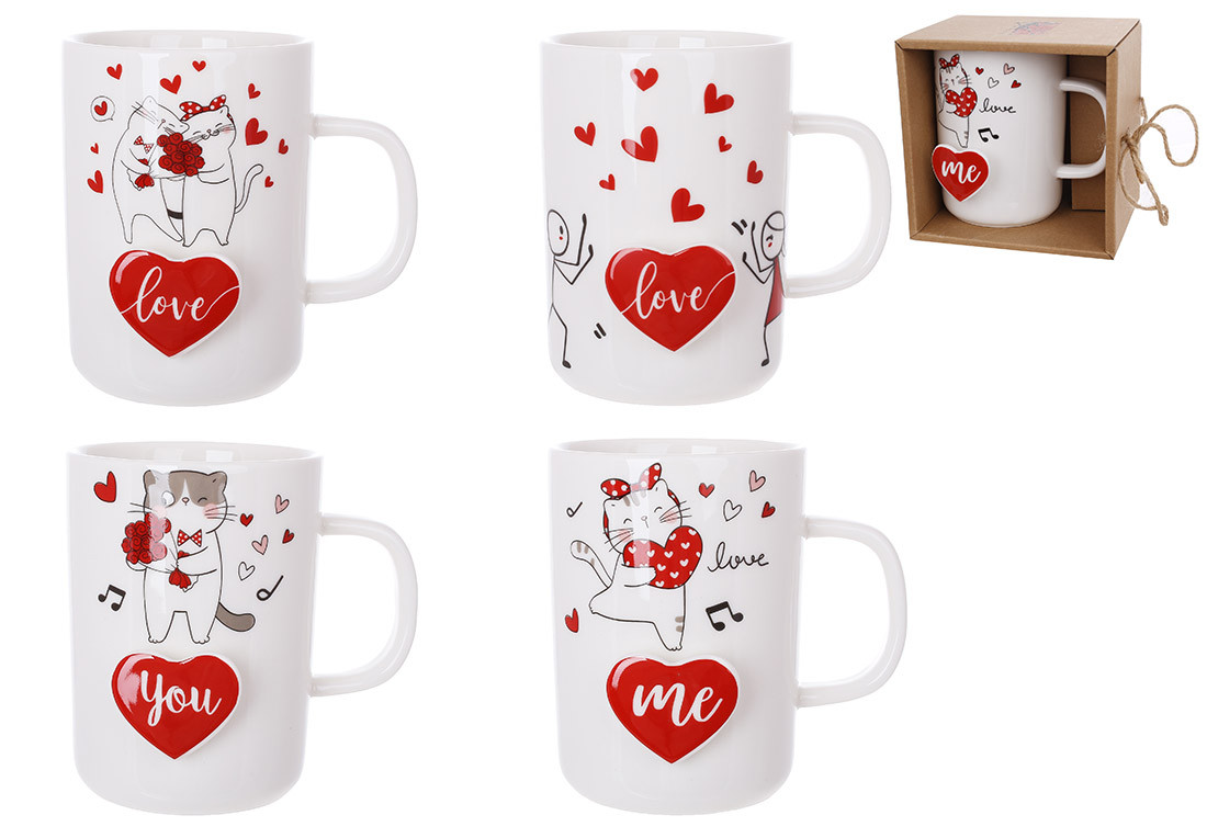 Кухоль порцеляновий з об'ємним серцем Love You, 4 дизайни, 380м, фото 1