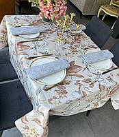 Скатерть тефлоновая хлопковая цветы и колибри бежевая