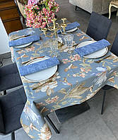 Скатерть тефлоновая хлопковая цветы и колибри серо голубая