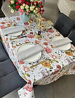 Скатерть тефлоновая хлопковая цветы терракотовые молочная