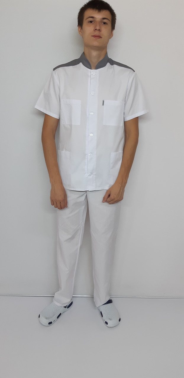 Медичний чоловічий костюм Стійка на гудзиках бавовна короткий рукав