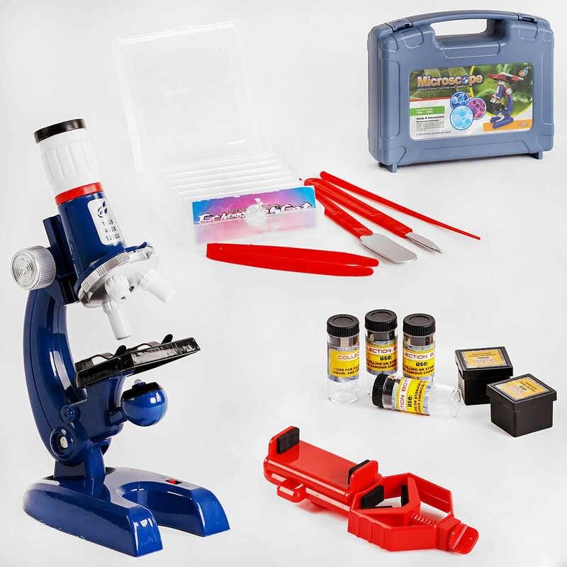 Мікроскоп С 2173 підсвічування, контейнер з предметним склом, баночки, пластиковий тримач для телефону, у валізі, фото 1